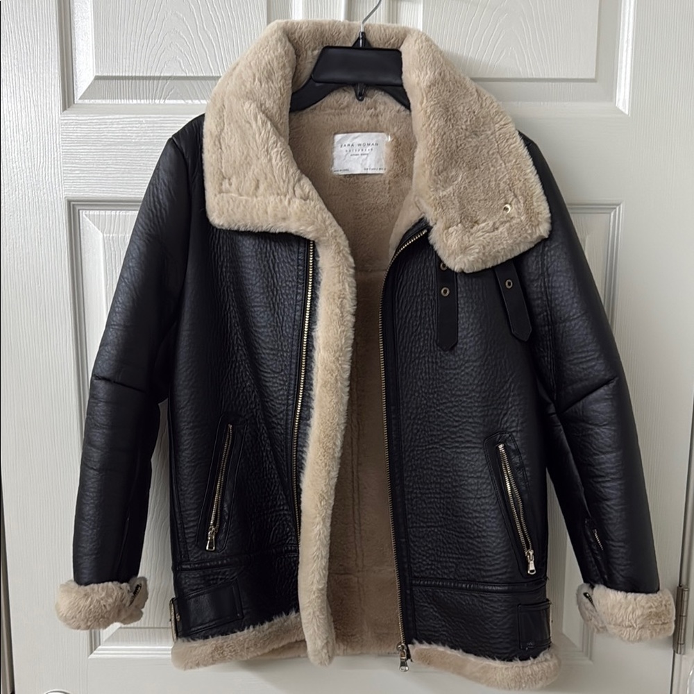 Zara Black Leather Jacket with Shearling
